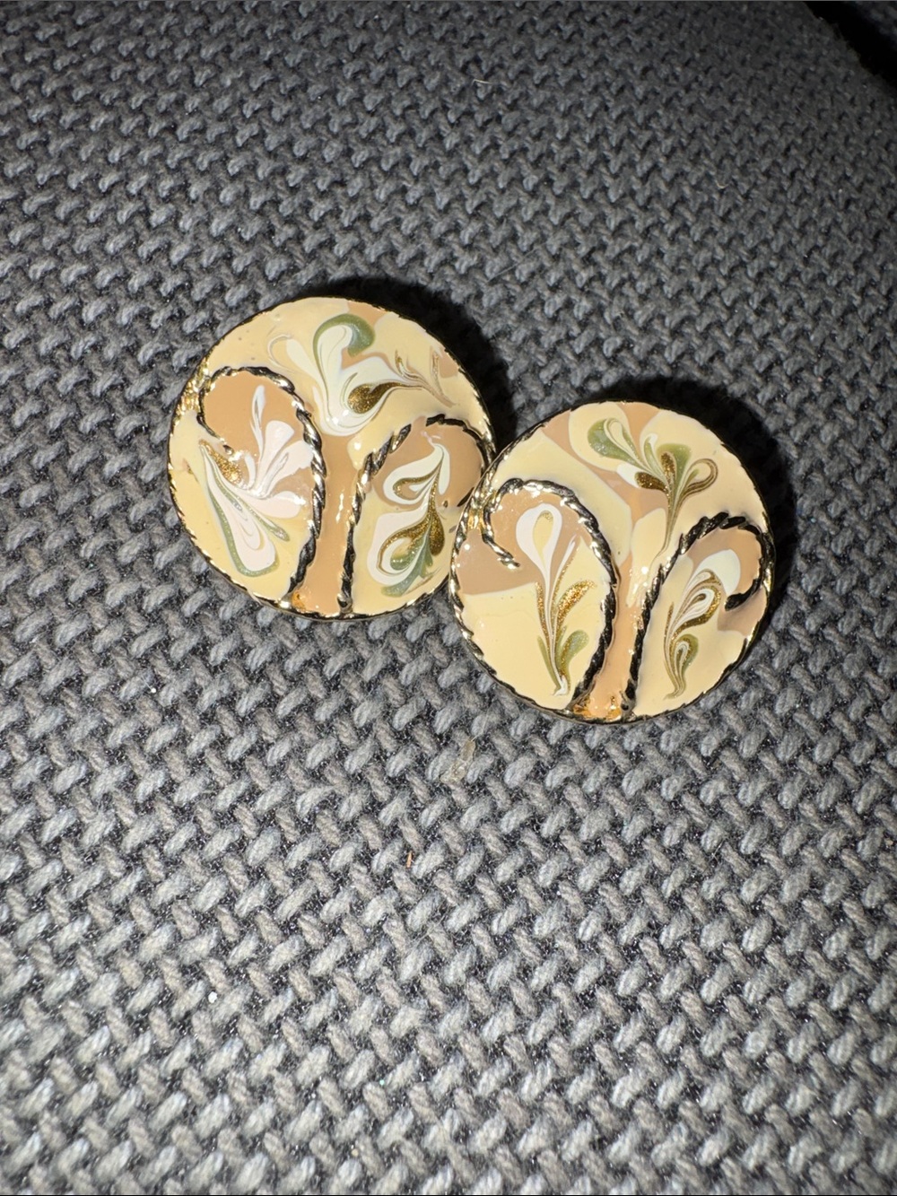 Marbled Round Earrings in Cream, Olive & Gold Trim